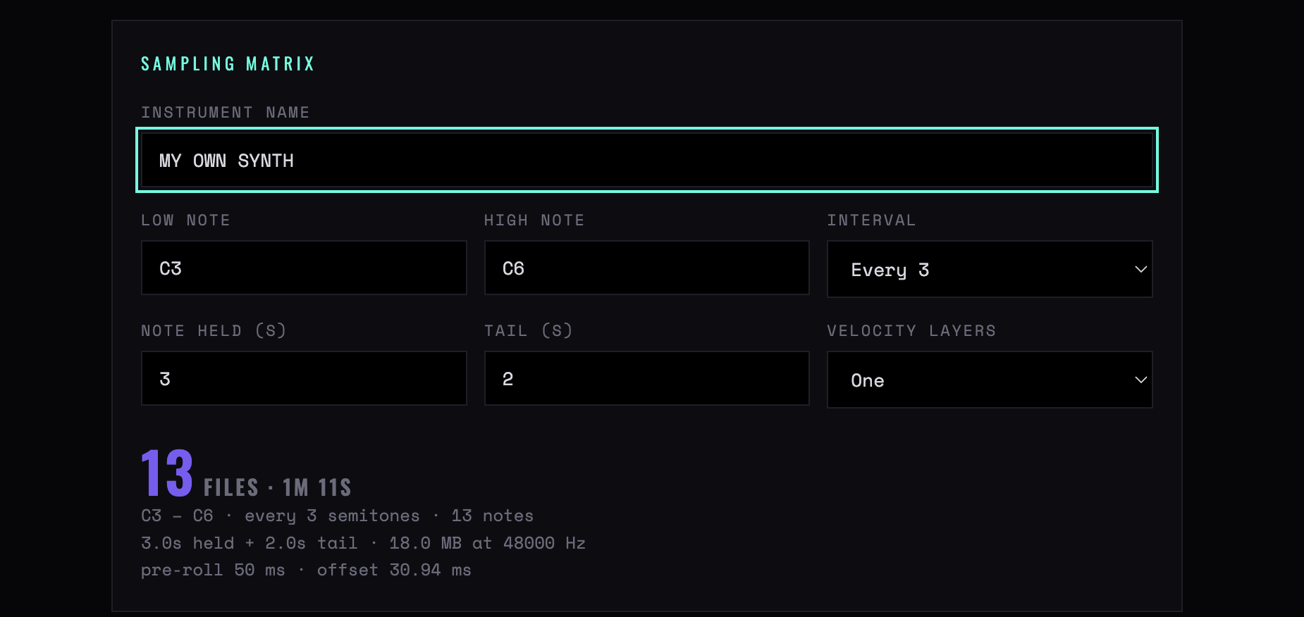 Sample Harvester — Sampling matrix
